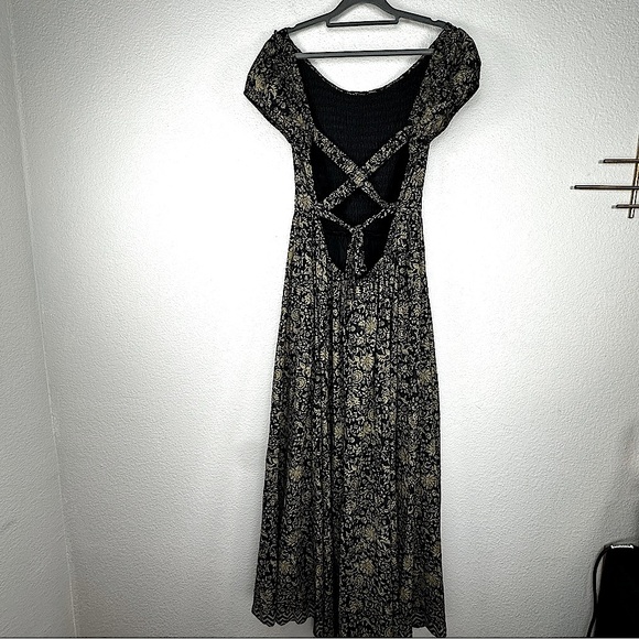 Free People Ultraviolet Ruched Detail Open Back Boho Maxi Dress Black Tan Large - Picture 8 of 15